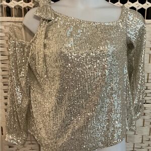 Silver Sequin Cold-Shoulder Blouse